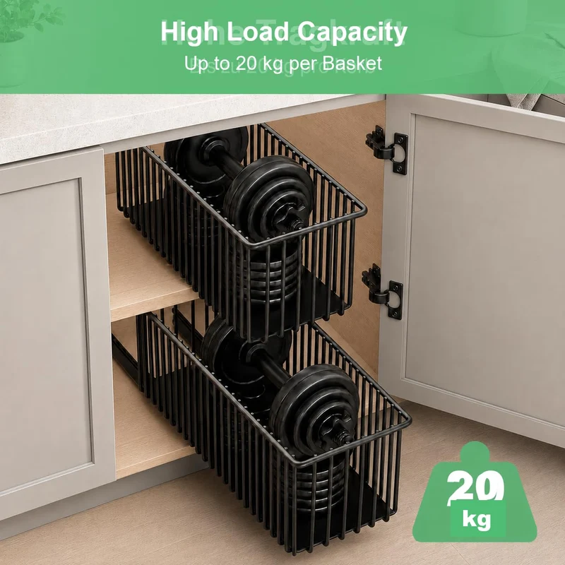 2er Set Ausziehbare Schublade Küche Schmal 15,3cm, Teleskopschublade Ohne Bohren, Nischenregal Schrankauszug, Küchen Schrank Organizer rahmenlos, Schwarz, 41cm Tiefe