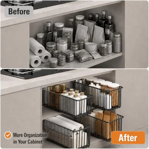 2er Set Ausziehbare Schublade Küche Schmal 15,3cm, Teleskopschublade Ohne Bohren, Nischenregal Schrankauszug, Küchen Schrank Organizer rahmenlos, Schwarz, 41cm Tiefe