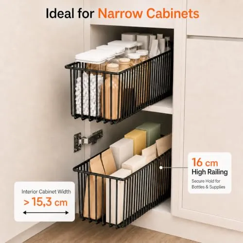 2er Set Ausziehbare Schublade Küche Schmal 15,3cm, Teleskopschublade Ohne Bohren, Nischenregal Schrankauszug, Küchen Schrank Organizer rahmenlos, Schwarz, 41cm Tiefe