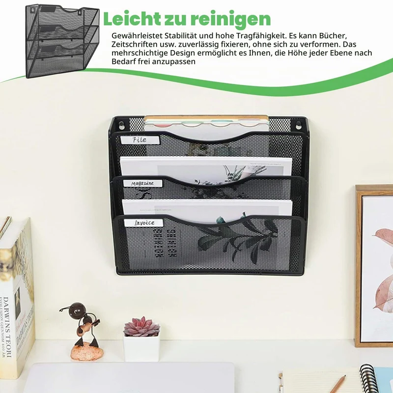 GOMETY Zeitschriftenhalter Wand Schwarz Metall, A4 Zeitschriftenhalter Wanmit 3 Fächern, Hängend Magazin Organizer Zeitungshalter Wand, A4 Dokumentenablage Zeitungshalter Büro Schule Ablage Organizer