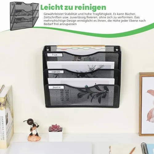GOMETY Zeitschriftenhalter Wand Schwarz Metall, A4 Zeitschriftenhalter Wanmit 3 Fächern, Hängend Magazin Organizer Zeitungshalter Wand, A4 Dokumentenablage Zeitungshalter Büro Schule Ablage Organizer