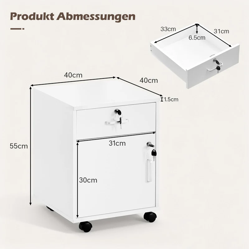 TUKAILAI Rollcontainer Abschließbar mit Schublade, Aktenschrank, Weiß