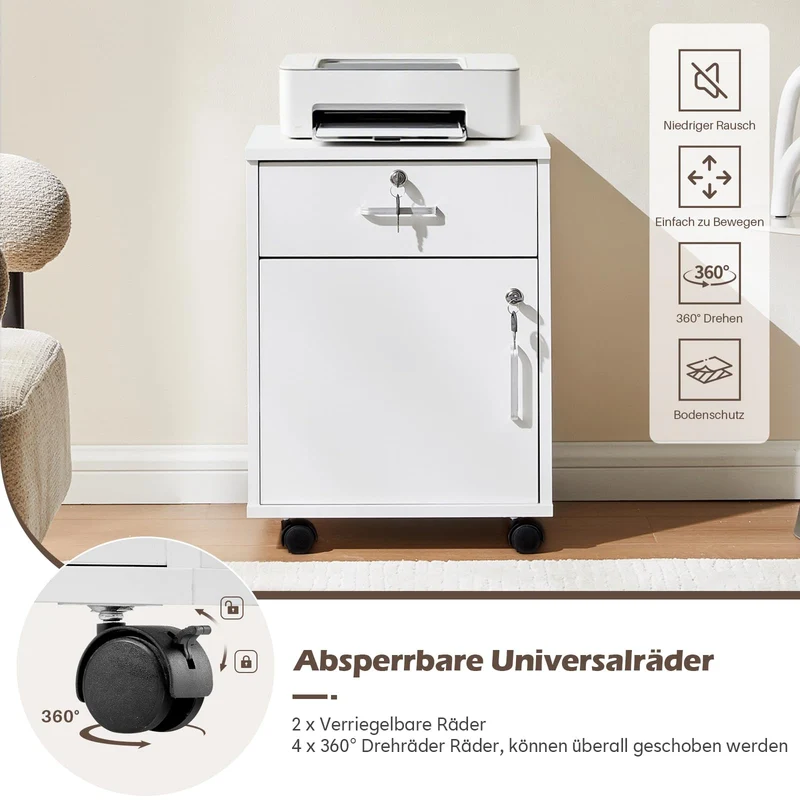 TUKAILAI Rollcontainer Abschließbar mit Schublade, Aktenschrank, Weiß