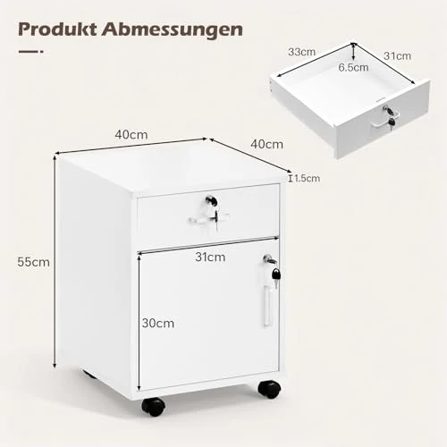 TUKAILAI Rollcontainer Abschließbar mit Schublade, Aktenschrank, Weiß