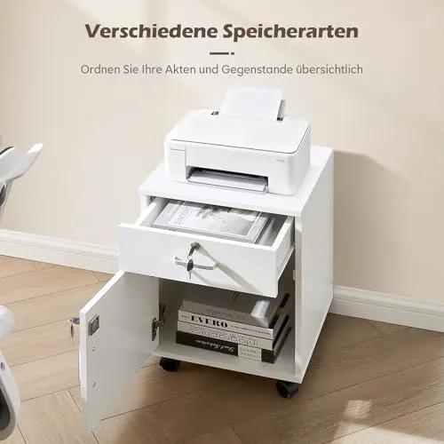 TUKAILAI Rollcontainer Abschließbar mit Schublade, Aktenschrank, Weiß