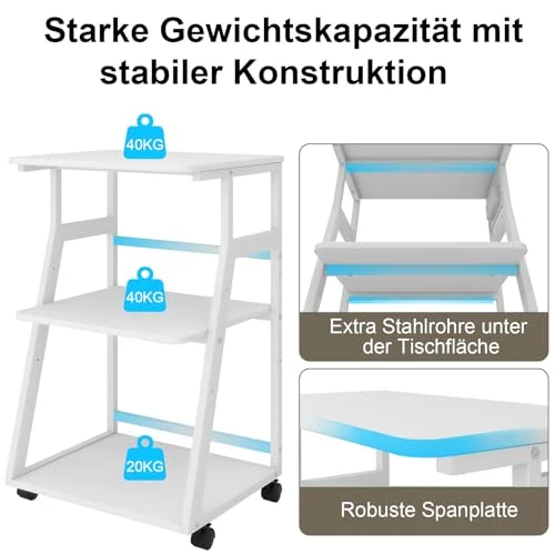 PUNCIA Druckertisch mit Rollen 3-Ebenen Druckerständer 50 x 40 cm