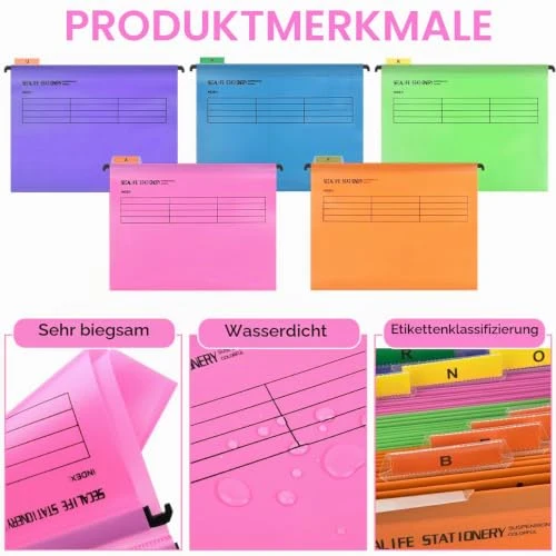 A4 Hängemappen 24 Stück für Aktenschränke,Polypropylen für Hängemappe mit Tabs und Karteneinsätzen und löschbarem Stift für Büro, Schule, Schreibtisch,Hängemappe,Sortiermappe