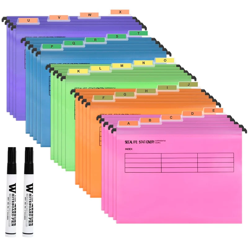 A4 Hängemappen 24 Stück für Aktenschränke,Polypropylen für Hängemappe mit Tabs und Karteneinsätzen und löschbarem Stift für Büro, Schule, Schreibtisch,Hängemappe,Sortiermappe