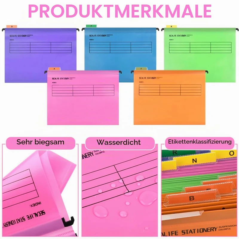 A4 Hängemappen 24 Stück für Aktenschränke,Polypropylen für Hängemappe mit Tabs und Karteneinsätzen und löschbarem Stift für Büro, Schule, Schreibtisch,Hängemappe,Sortiermappe