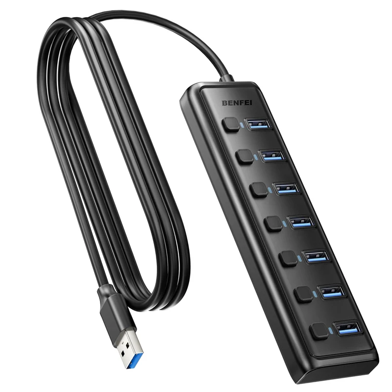 BENFEI 7-Port USB 3.0 Hub, Ultraflacher tragbarer USB-Splitter mit 1m Kabel – für MacBook Pro/Air, Mac Pro, Mac mini, iMac, Surface Pro, XPS, PC, USB-Stick, mobiler Festplatte (ohne Ladefunktion)