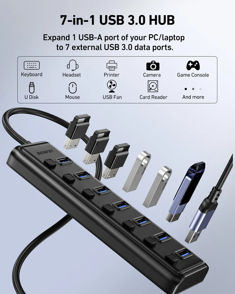 BENFEI 7-Port USB 3.0 Hub, Ultraflacher tragbarer USB-Splitter mit 1m Kabel – für MacBook Pro/Air, Mac Pro, Mac mini, iMac, Surface Pro, XPS, PC, USB-Stick, mobiler Festplatte (ohne Ladefunktion)