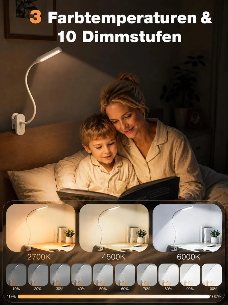 Akku-Klemmlampe, 40 LED Leselampe Bett, 10 Helligkeitsstufen, 3 Lichtfarben