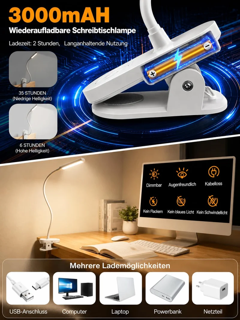Akku-Klemmlampe, 40 LED Leselampe Bett, 10 Helligkeitsstufen, 3 Lichtfarben