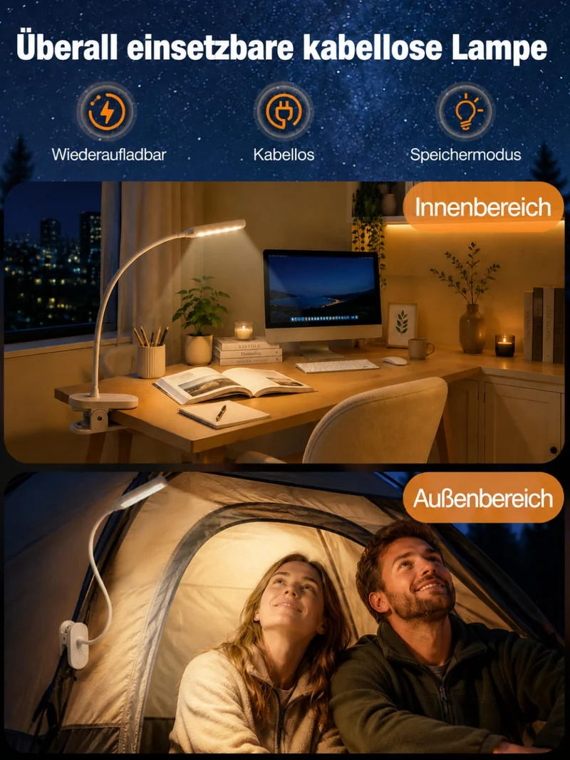Akku-Klemmlampe, 40 LED Leselampe Bett, 10 Helligkeitsstufen, 3 Lichtfarben