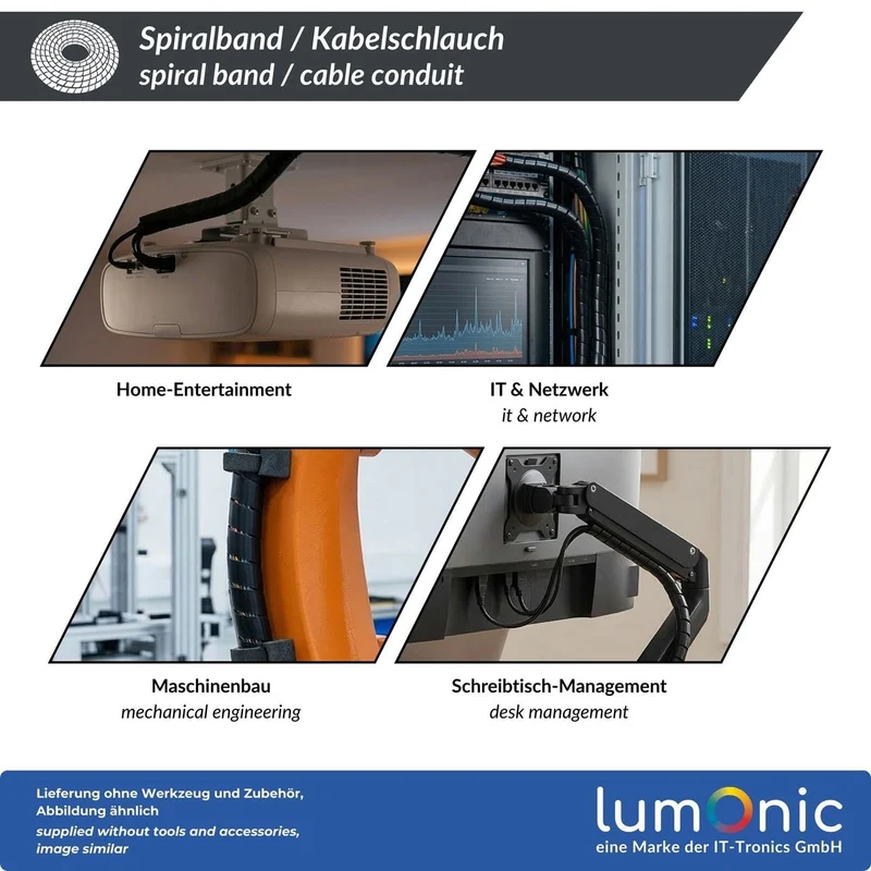 Lumonic Spiralkabelschlauch schwarz 10m I 24mm Spiralband für Kabel mit 20-130mm Durchmesser I Flexibler Kabelschlauch-Schutz für Private & industrielle Zwecke