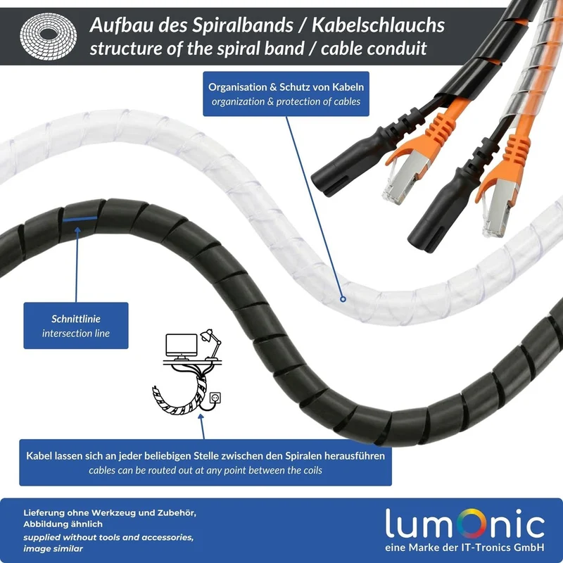 Lumonic Spiralkabelschlauch schwarz 10m I 24mm Spiralband für Kabel mit 20-130mm Durchmesser I Flexibler Kabelschlauch-Schutz für Private & industrielle Zwecke