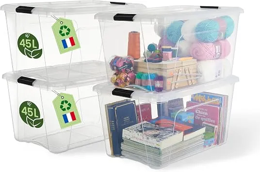 Iris Ohyama Aufbewahrungsboxen mit Deckel, 45L, 4er-Set, Transparent, Sicherer Verschluss, Stapelbar, Griffe, Schlafzimmer, Schrank, Büro, Organisation, BPA-freies Plastik, Ordnungsboxen, BSB-50