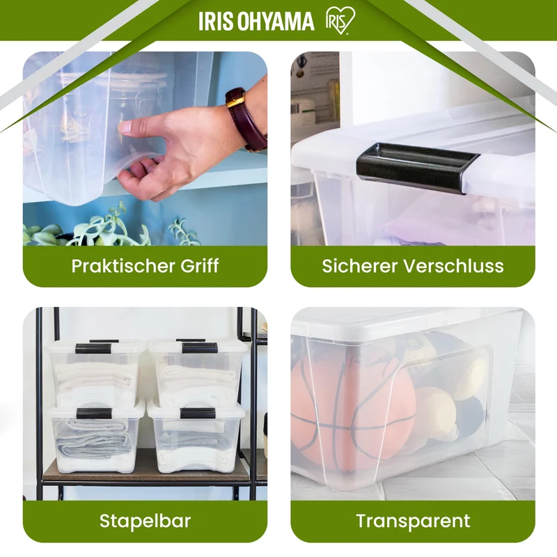 Iris Ohyama Aufbewahrungsboxen mit Deckel, 45L, 4er-Set, Transparent, Sicherer Verschluss, Stapelbar, Griffe, Schlafzimmer, Schrank, Büro, Organisation, BPA-freies Plastik, Ordnungsboxen, BSB-50