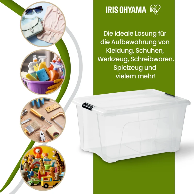 Iris Ohyama Aufbewahrungsboxen mit Deckel, 45L, 4er-Set, Transparent, Sicherer Verschluss, Stapelbar, Griffe, Schlafzimmer, Schrank, Büro, Organisation, BPA-freies Plastik, Ordnungsboxen, BSB-50