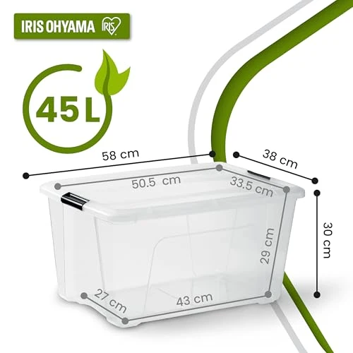 Iris Ohyama Aufbewahrungsboxen mit Deckel, 45L, 4er-Set, Transparent, Sicherer Verschluss, Stapelbar, Griffe, Schlafzimmer, Schrank, Büro, Organisation, BPA-freies Plastik, Ordnungsboxen, BSB-50
