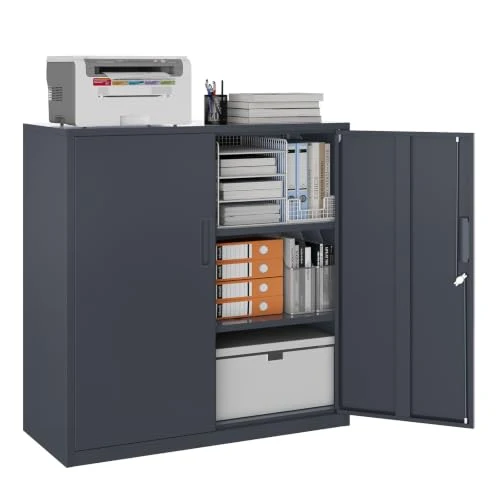 YOUDENOVA Aktenschrank, 90 x 90 x 40 Metallschrank abschließbar mit 2 Türen, Mehrzweckschrank mit 3 Ebenen, verstellbare Ablagen, Werkzeugschrank für Büros, Ateliers und Garagen, Anthrazit