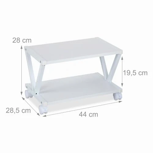 Relaxdays Druckerständer, 2 Ebenen, Rollwagen für Drucker, H x B x T: 28 x 44 x 28,5 cm, mit Rollen, Druckertisch, weiß