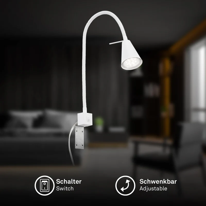 BRILONER - LED Leselampe mit Schalter am Gehäuse, schwenkbar, GU10 4,7W, 400lm, warmweißes Licht, Wandleuchte Innen, Wandlampe, Bettlampe, Lampe Bett, Leselicht, Nachttischlampe, 40,3 cm, Weiß