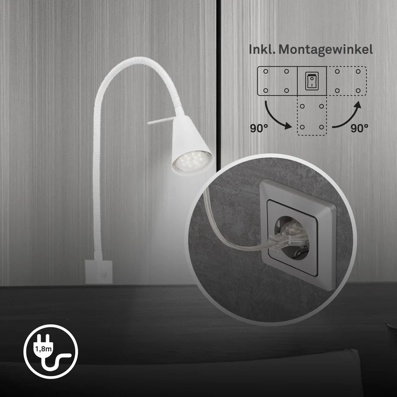 BRILONER - LED Leselampe mit Schalter am Gehäuse, schwenkbar, GU10 4,7W, 400lm, warmweißes Licht, Wandleuchte Innen, Wandlampe, Bettlampe, Lampe Bett, Leselicht, Nachttischlampe, 40,3 cm, Weiß