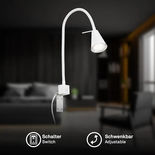 BRILONER - LED Leselampe mit Schalter am Gehäuse, schwenkbar, GU10 4,7W, 400lm, warmweißes Licht, Wandleuchte Innen, Wandlampe, Bettlampe, Lampe Bett, Leselicht, Nachttischlampe, 40,3 cm, Weiß
