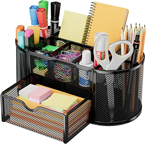 Schreibtisch Organizer,stiftehalter schreibtisch,Mesh Metall Desktop Büro Organizer mit 8 Stifthaltern und 1 Schublade,Es Platz zu Hause, in der Schule oder im Büro sparen. (Schwarz)