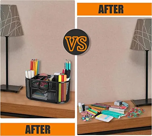 Schreibtisch Organizer,stiftehalter schreibtisch,Mesh Metall Desktop Büro Organizer mit 8 Stifthaltern und 1 Schublade,Es Platz zu Hause, in der Schule oder im Büro sparen. (Schwarz)