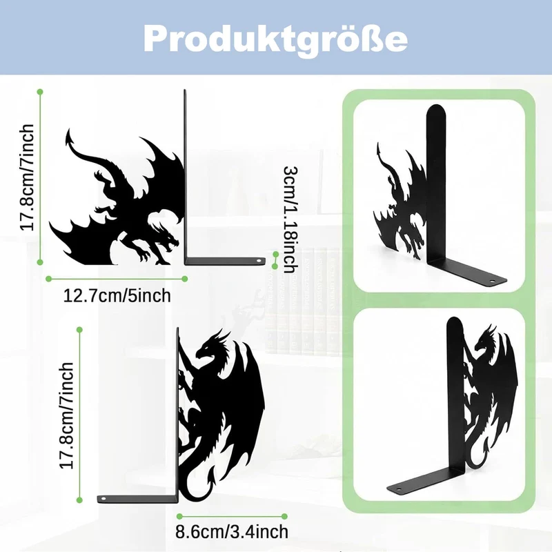 2 Stück Drache Buchstütze Metall, Gothic Buchstützen für Bücherregal Deko
