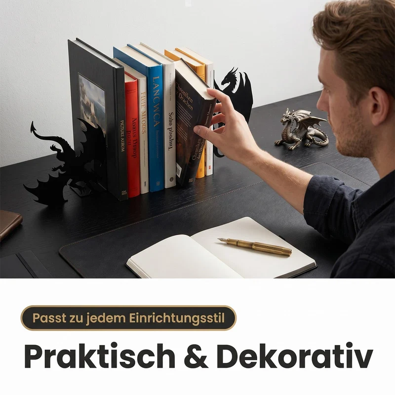 2 Stück Drache Buchstütze Metall, Gothic Buchstützen für Bücherregal Deko