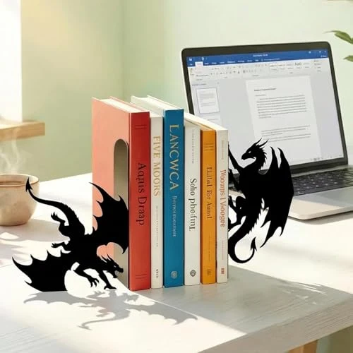 2 Stück Drache Buchstütze Metall, Gothic Buchstützen für Bücherregal Deko