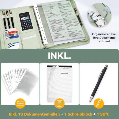 Leathario Konferenzmappe a4 mit Reißverschluss,Schreibmappe a4 mit 10 Dokumentenhüllen,Business Arbeitsmappe mit 4 Ringbuch，Veganes Leder Mappe für Meetings,Behördengänge,Studium,Bewerbungsgespräche