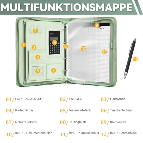 Leathario Konferenzmappe a4 mit Reißverschluss,Schreibmappe a4 mit 10 Dokumentenhüllen,Business Arbeitsmappe mit 4 Ringbuch，Veganes Leder Mappe für Meetings,Behördengänge,Studium,Bewerbungsgespräche