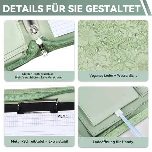 Leathario Konferenzmappe a4 mit Reißverschluss,Schreibmappe a4 mit 10 Dokumentenhüllen,Business Arbeitsmappe mit 4 Ringbuch，Veganes Leder Mappe für Meetings,Behördengänge,Studium,Bewerbungsgespräche