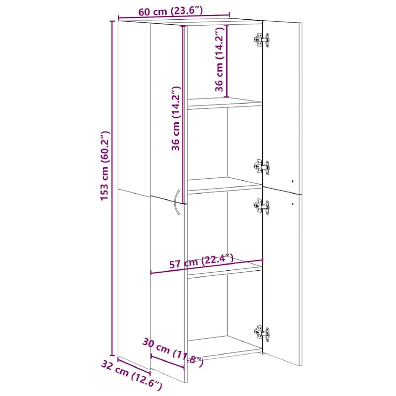 Aktenschrank Grau Sonoma Holzwerkstoff 60x32x153 cm mit 4 Fächern und Tür für Büro Homeoffice Arbeitszimmer Stauraum Ablage Ordnung und Sicherheit