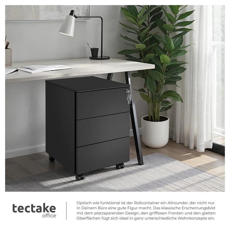 tectake® Büro Metall Aktenschrank mit Rollen, abschließbare Kommode mit Schubladen für Schreibtisch, Rollcontainer, Schubladenschrank, Organzier, Rollwagen Schrank abschließbar (schwarz)