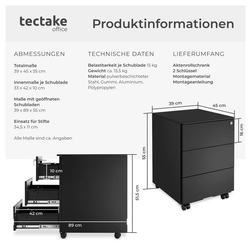 tectake® Büro Metall Aktenschrank mit Rollen, abschließbare Kommode mit Schubladen für Schreibtisch, Rollcontainer, Schubladenschrank, Organzier, Rollwagen Schrank abschließbar (schwarz)