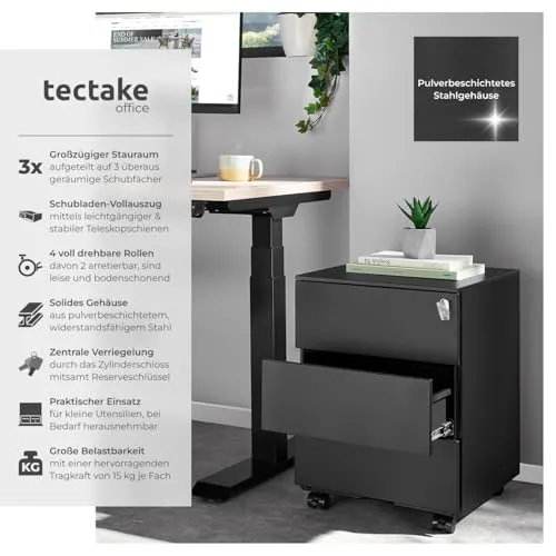 tectake® Büro Metall Aktenschrank mit Rollen, abschließbare Kommode mit Schubladen für Schreibtisch, Rollcontainer, Schubladenschrank, Organzier, Rollwagen Schrank abschließbar (schwarz)