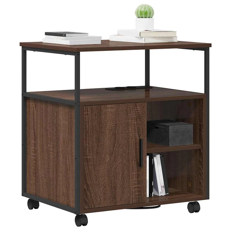 Büro-Aufbewahrungsschrank Braun Eiche 61x46x67 cm Holzwerkstoff mit Ladestation Robuster Stahlrahmen 4 Fächer 3 Regalböden Modernes Design für Homeoffice Büro Wohnzimmer Flur