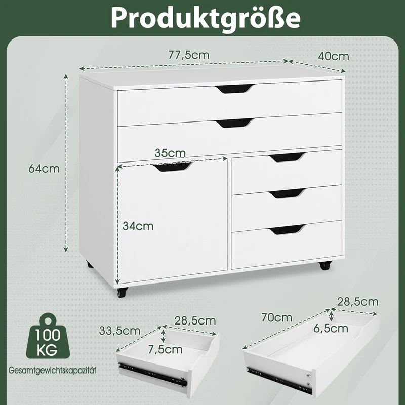 COSTWAY Rollcontainer mit 5 Schubladen & Schrank, Weiß