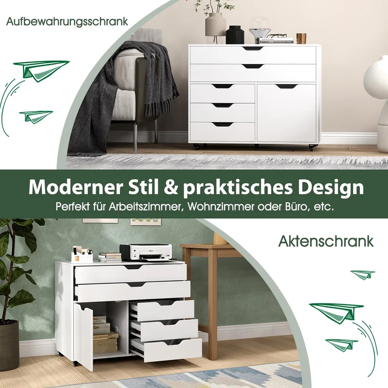 COSTWAY Rollcontainer mit 5 Schubladen & Schrank, Weiß