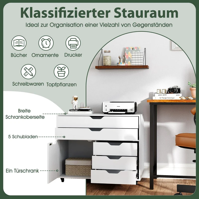 COSTWAY Rollcontainer mit 5 Schubladen & Schrank, Weiß