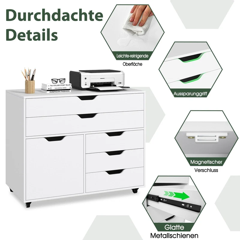 COSTWAY Rollcontainer mit 5 Schubladen & Schrank, Weiß