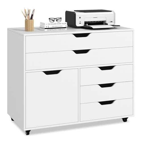 COSTWAY Rollcontainer mit 5 Schubladen & Schrank, Weiß