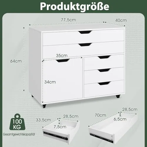 COSTWAY Rollcontainer mit 5 Schubladen & Schrank, Weiß