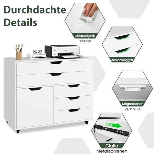 COSTWAY Rollcontainer mit 5 Schubladen & Schrank, Weiß
