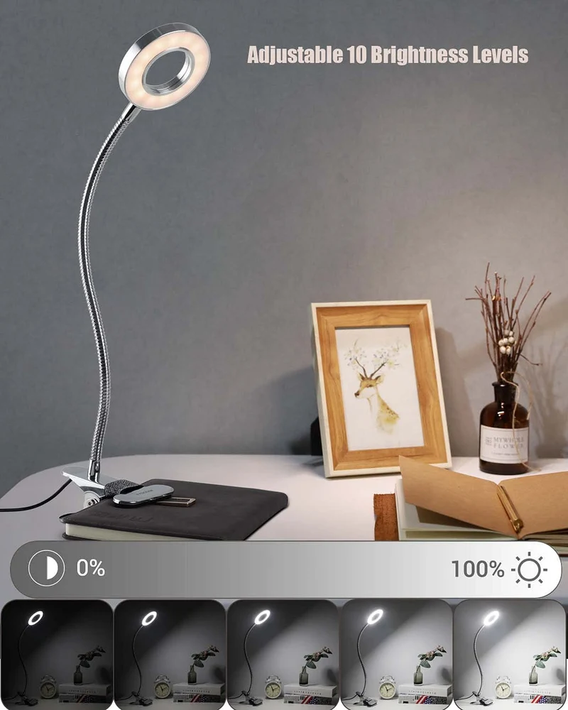 EYOCEAN LED-Leselampe, dimmbare Klemmleuchte für Bettkopfteil, Schlafzimmer, Büro, 3 Modi & 10 Dimmstufen, flexibles Klemmlicht,Inklusive CE Adapter, 8W, Silber